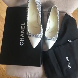Chanel Black and White Tweed Heels with White Leat